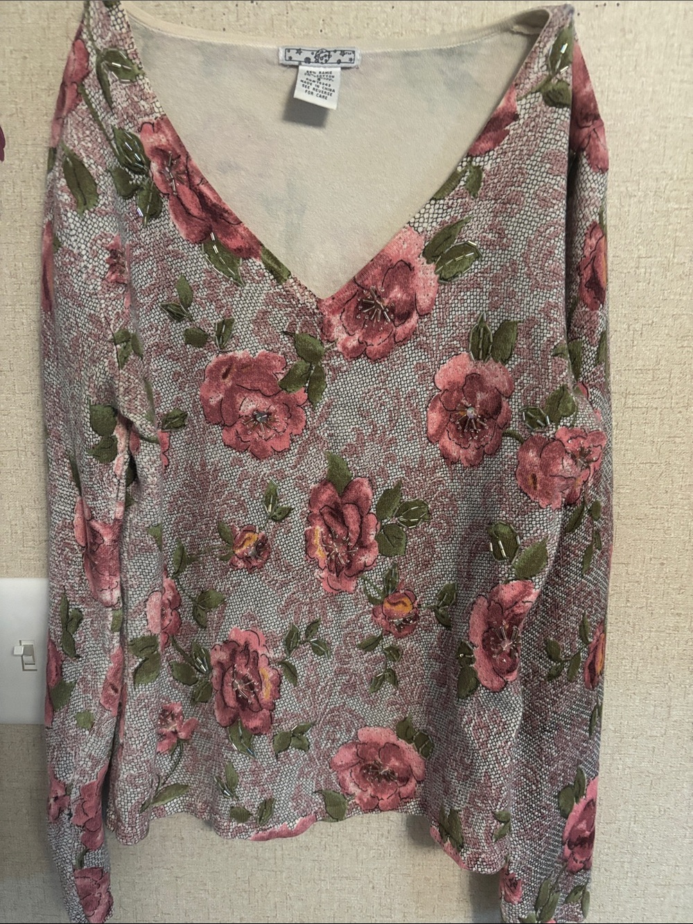 Floral V-Neck Sweater with Pink Rose Print